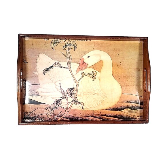 Vintage Wooden TV Tray White Swan Lap Desk Food Tray With Handles MCM 17"X12" - Picture 1 of 10